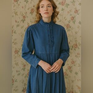 Laura Ashley Vintage Prairie Denim Long Sleeve Ruffle Maxi Dress Size 8 M/L